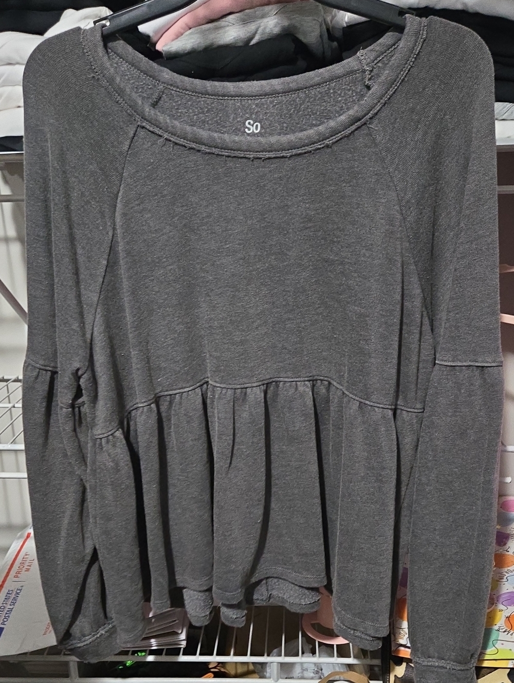 SO Washed Charcoal Peplum Long-Sleeve Tunic Super Oversized Gray Size Down Twice